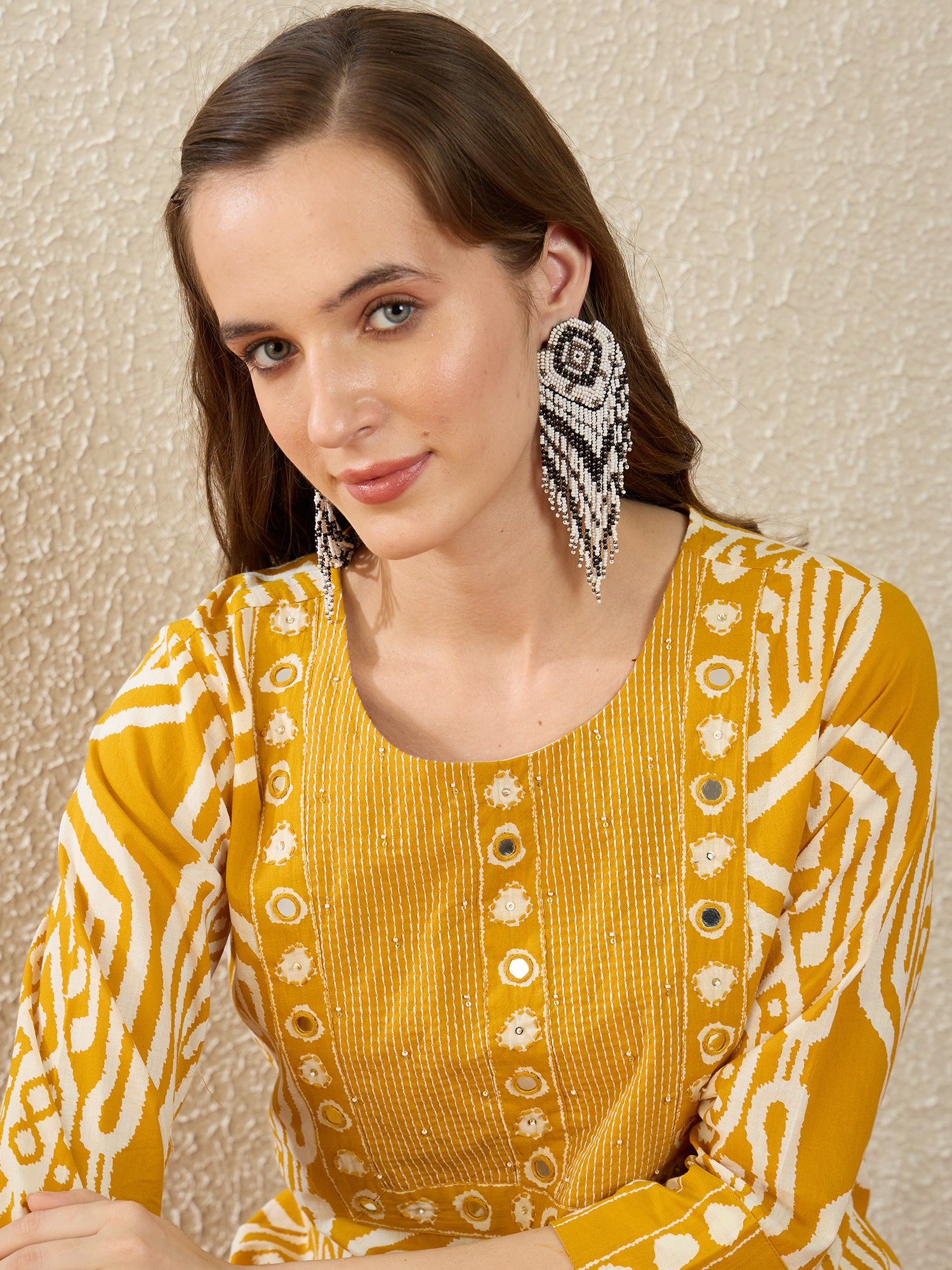 Mustard Printed Pure Cotton Straight Round Neck Kurta Trouser Set