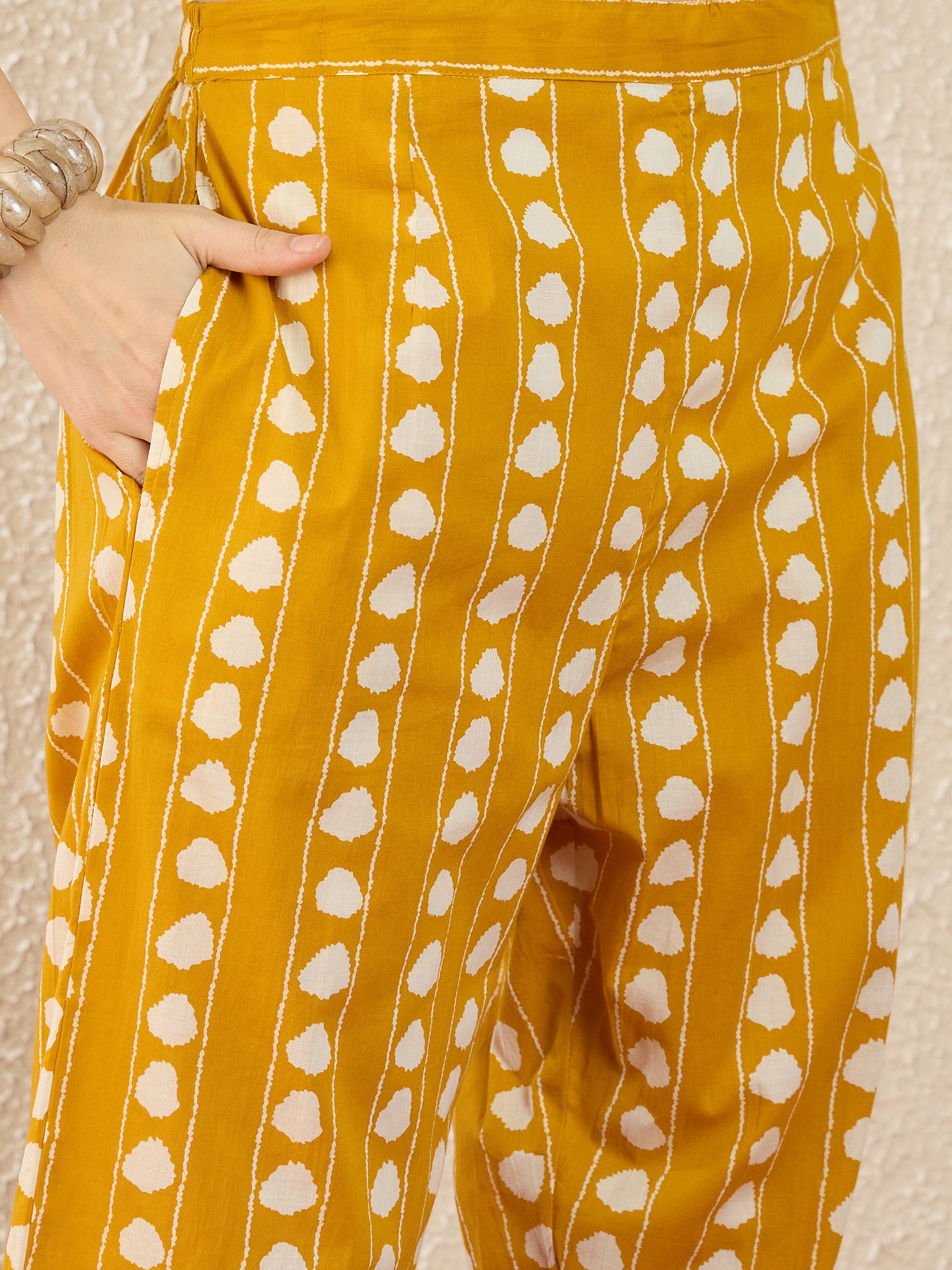 Mustard Printed Pure Cotton Straight Round Neck Kurta Trouser Set