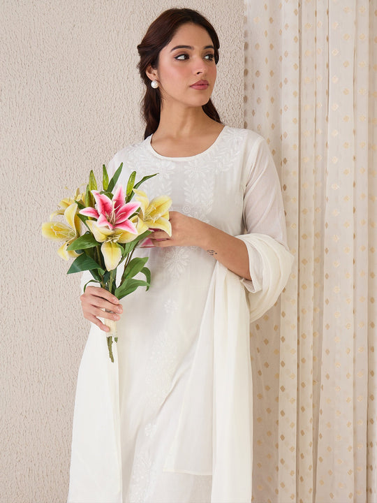 White Embroidered Pure Cotton Straight Suit Sets With Dupatta