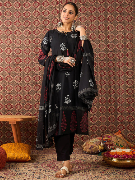 Black Printed Pure Cotton Straight Kurta Sets With Dupatta