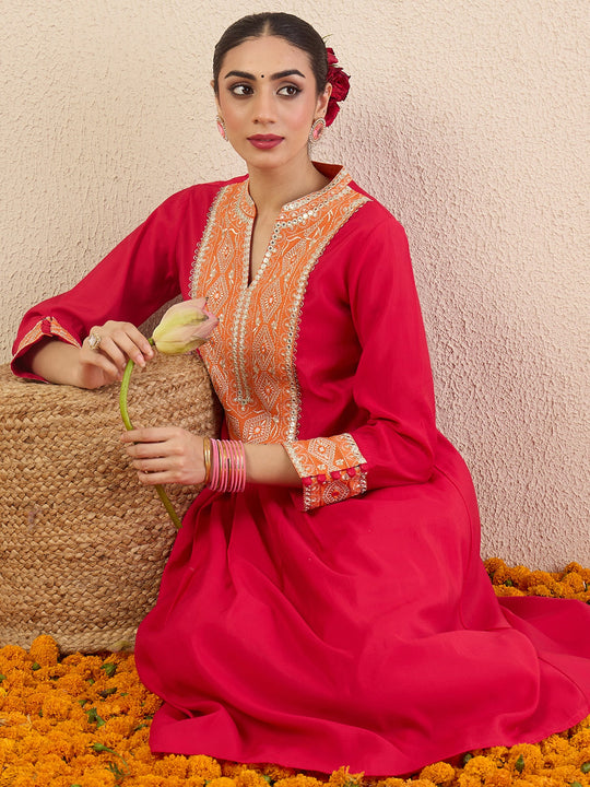 Pink Embroidered Silk Blend A-Line Kurta Pant Set