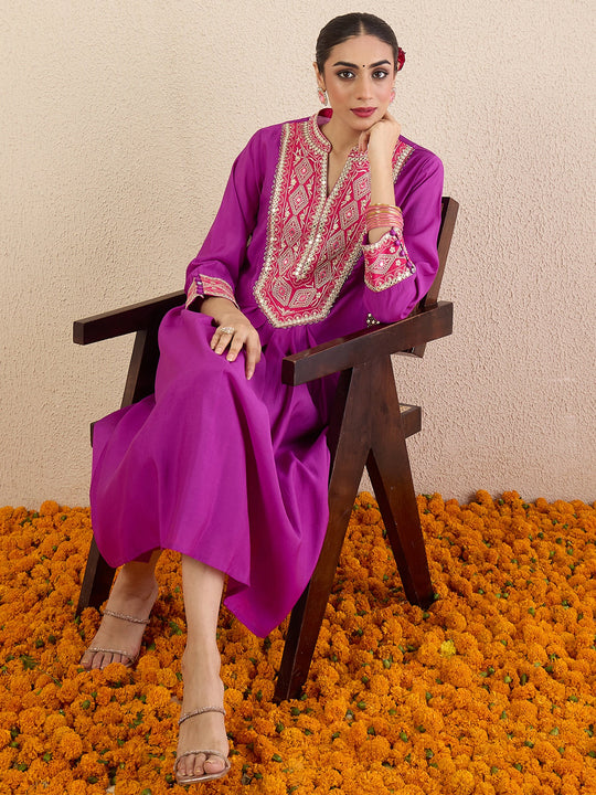 Purple Embroidered Silk Blend A-Line Kurta Pant Set