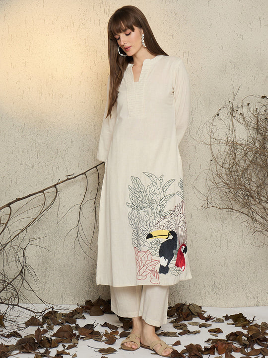 Off White Embroidered Pure Cotton Straight Kurta Palazzo Set
