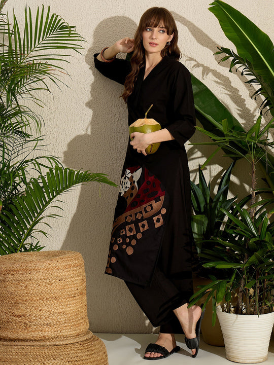 Black Embroidered Pure Cotton Straight Kurta Palazzo Set