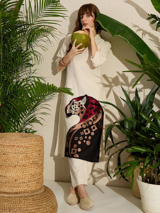 Off White Embroidered Pure Cotton Straight Kurta Palazzo Set