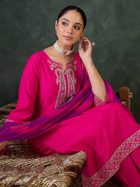 Pink Solid Silk Blend Straight Suit Sets With Dupatta