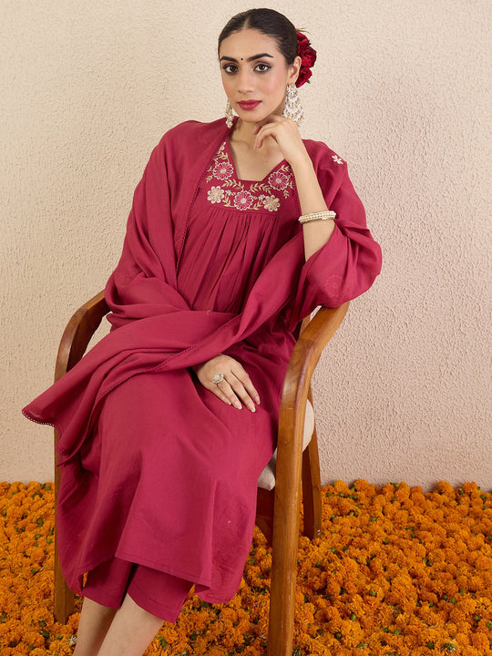 Red Solid Pure Cotton A-Line Suit Set With Dupatta