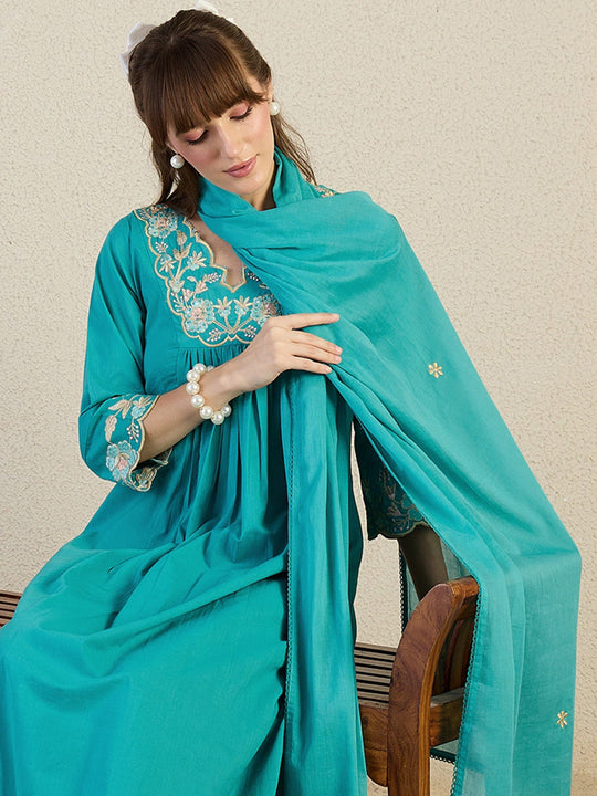 Blue Embroidered Pure Cotton A-Line Suit Sets With Dupatta
