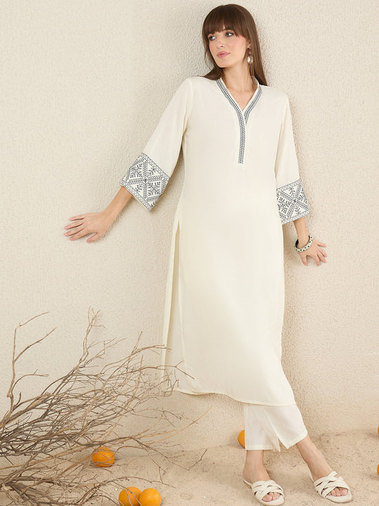 White Embroidered Viscose Rayon Straight Kurta Trouser Set