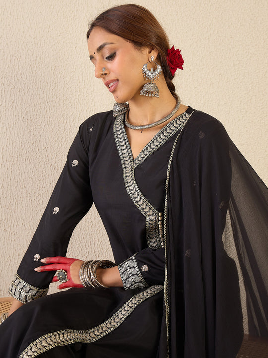 Black Embroidered Silk Blend A-Line Kurta Set With Dupatta