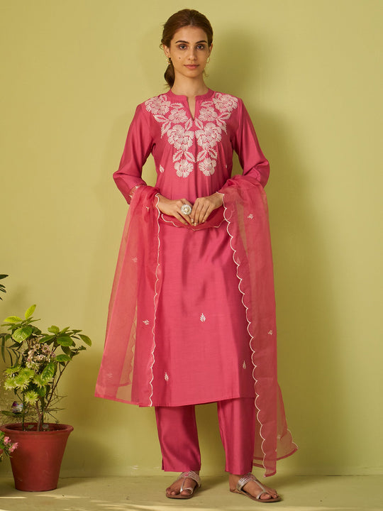 Pink Solid Silk Blend Straight Women Kurta Trouser With Dupatta