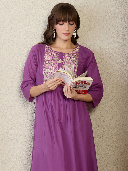 Purple Embroidered Pure Cotton A-Line Kurta Trouser Set