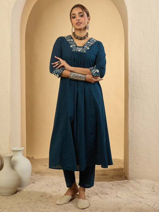 Blue Embroidered A-Line Pure Cotton kurta pant set