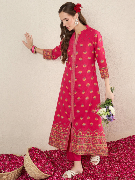 Pink Printed Pure Cotton Straight Kurta Trouser Set
