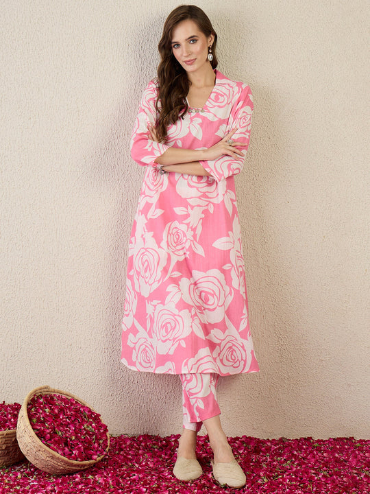 Pink Printed Pure Cotton A-Line Kurta Sets