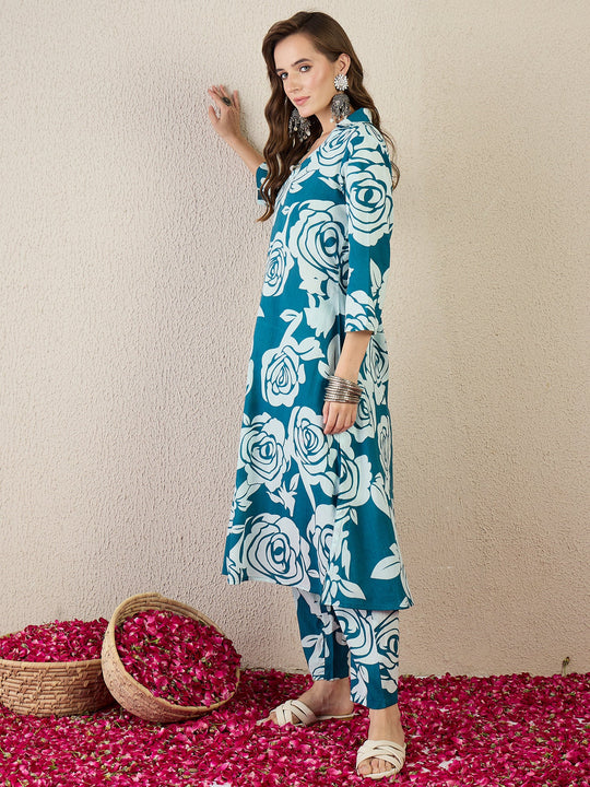 Teal Printed Pure Cotton A-Line Kurta Sets