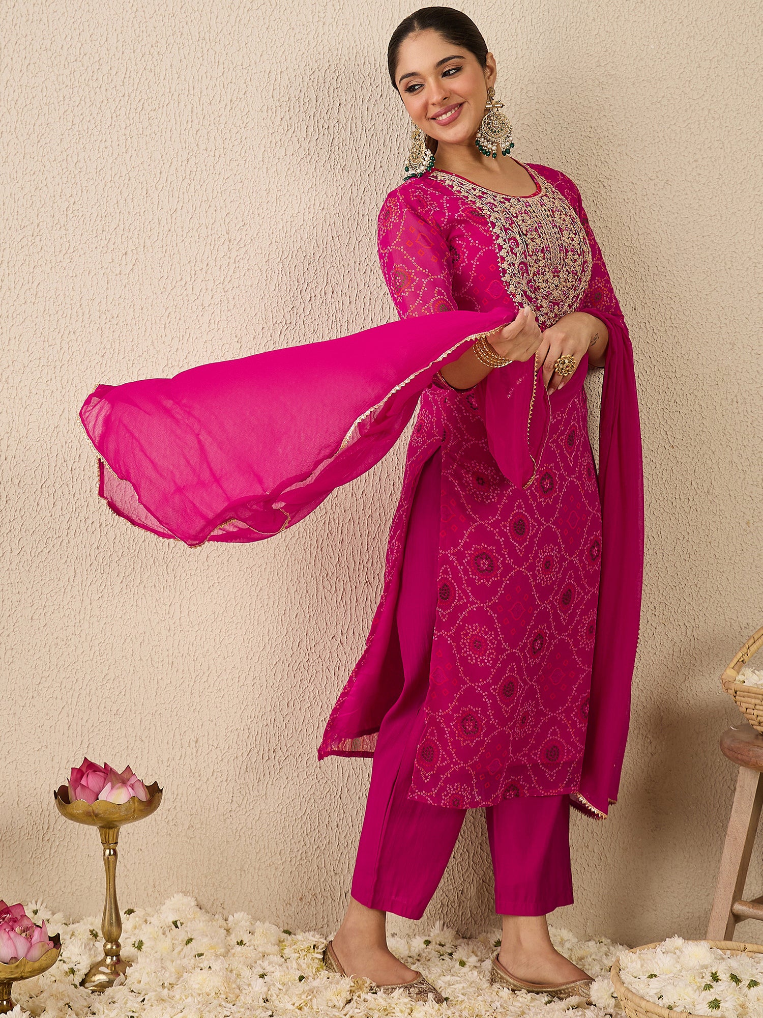 Pink Embroidered Georgette Straight Kurta Sets With Dupatta