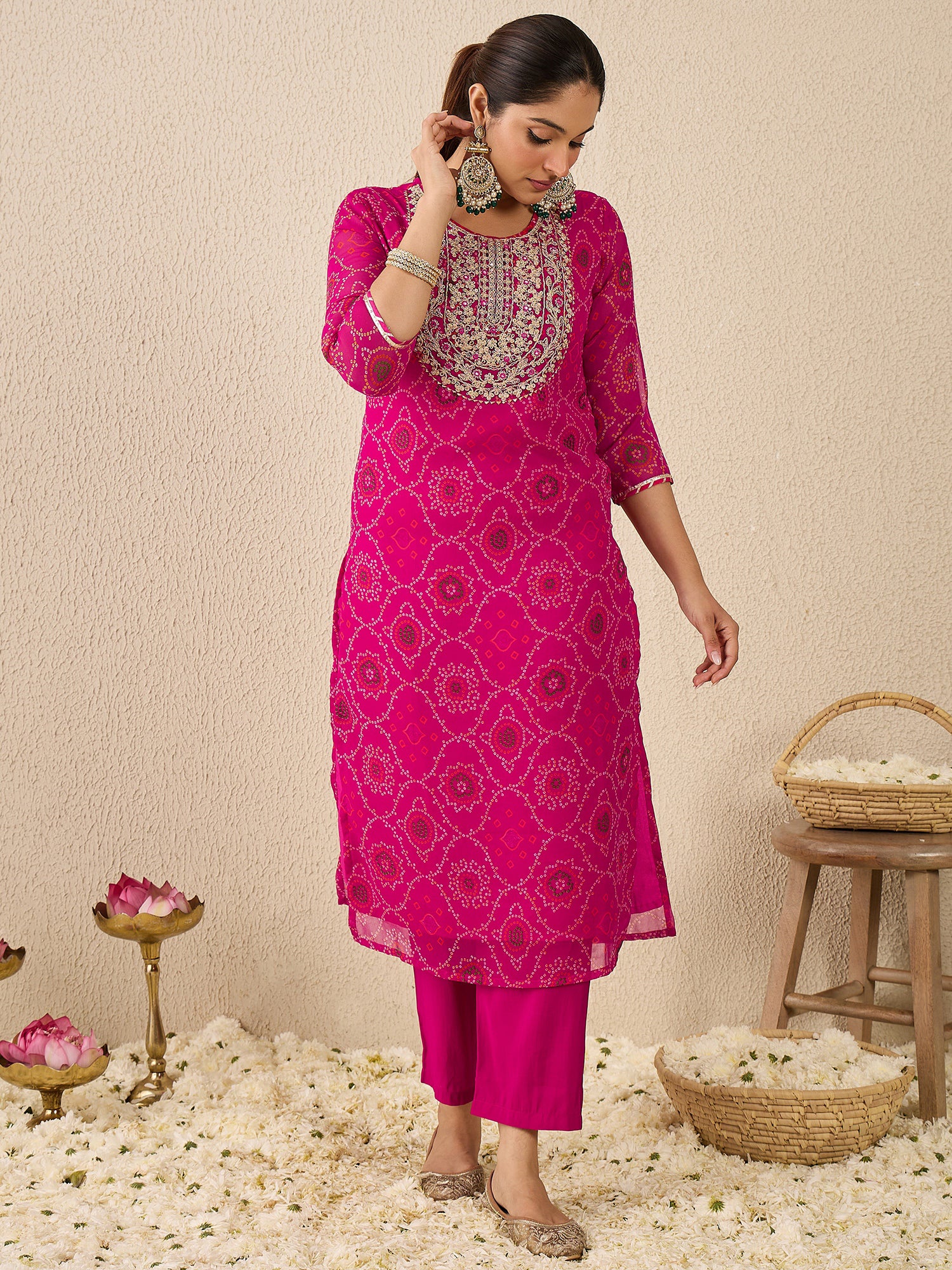 Pink Embroidered Georgette Straight Kurta Sets With Dupatta