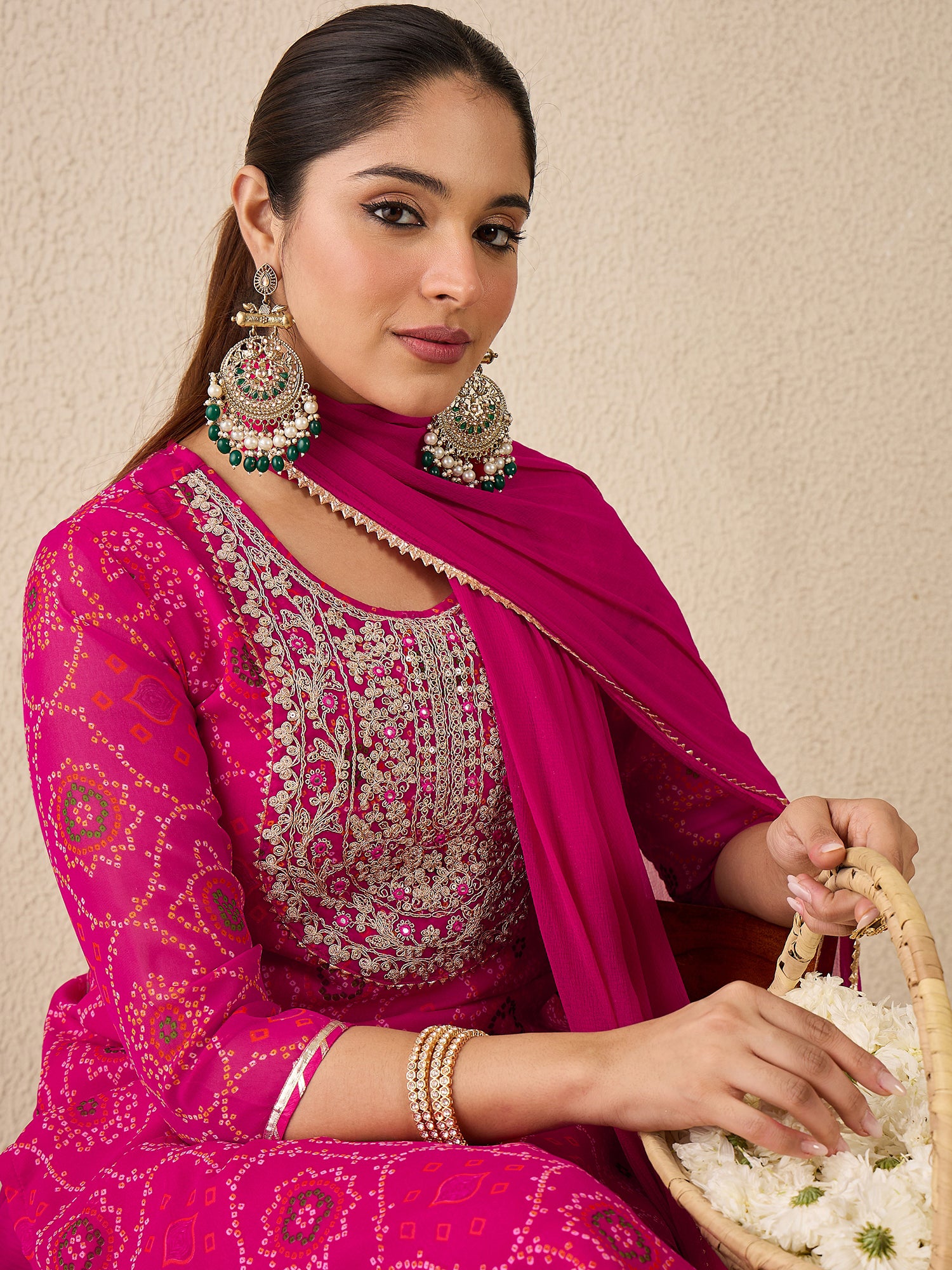 Pink Embroidered Georgette Straight Kurta Sets With Dupatta