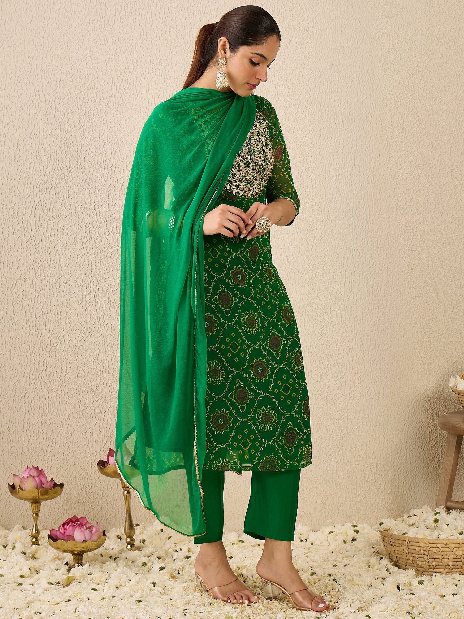 Green Embroidered Georgette Straight Kurta Sets With Dupatta