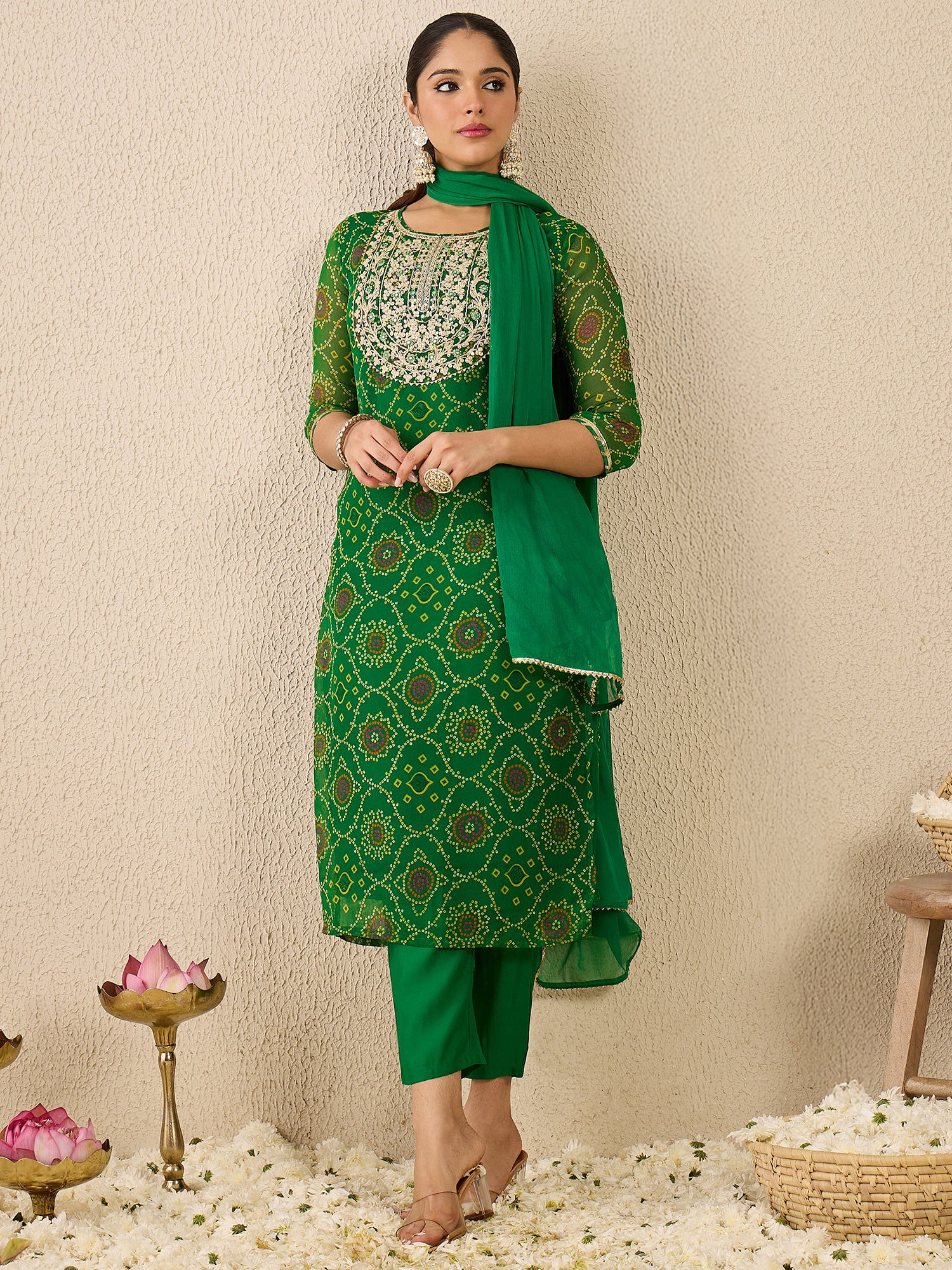 Green Embroidered Georgette Straight Kurta Sets With Dupatta