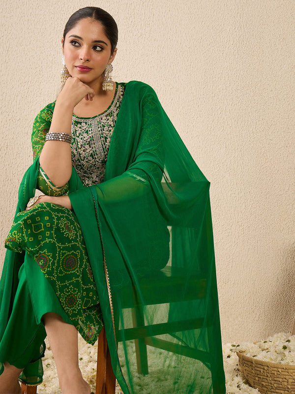 Green Embroidered Georgette Straight Kurta Sets With Dupatta