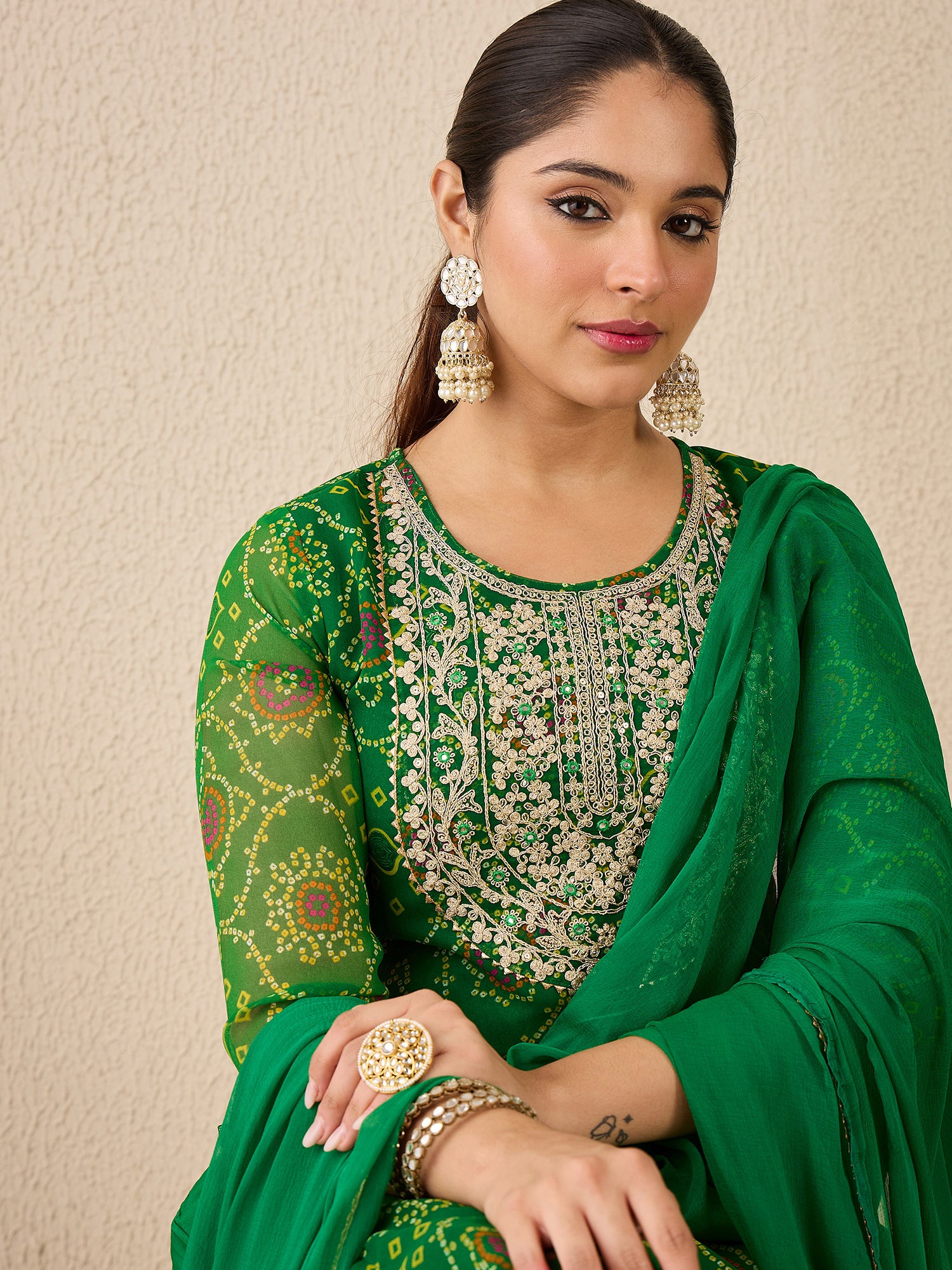 Green Embroidered Georgette Straight Kurta Sets With Dupatta
