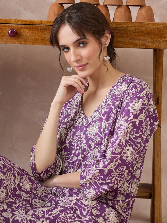 Indo Era Mauve Printed Straight Kurta