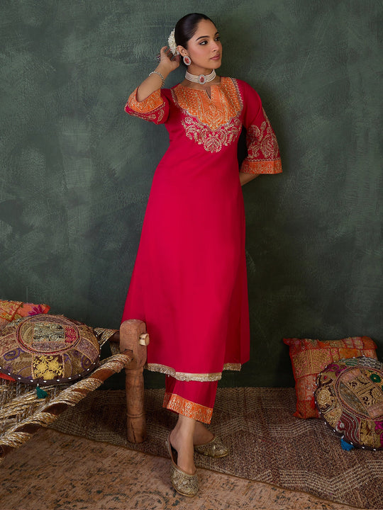 Pink Embroidered Silk Blend A-Line Kurta Trouser Set