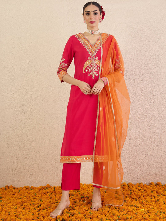 Pink Solid Silk Blend Straight Suit Set With Dupatta