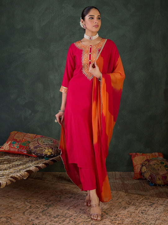 Pink Solid Silk Blend Straight Suit Sets With Dupatta