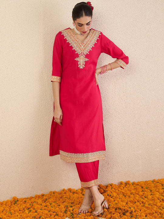 Pink Embroidered Silk Blend Straight Kurta Pant Set