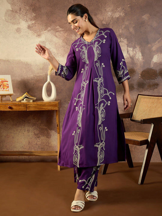Purple Printed Straight Viscose Rayon Kurta Palazzo Set