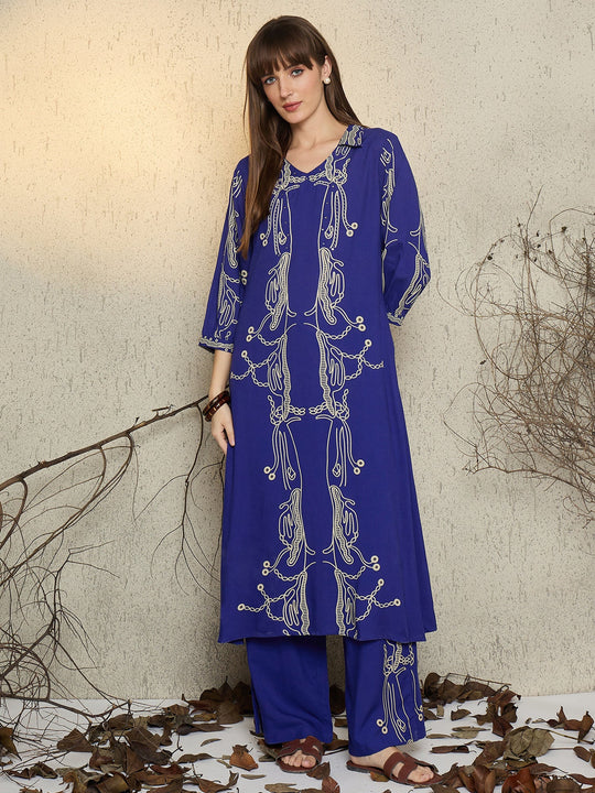 Blue Printed Viscose Rayon Straight Kurta Palazzo Set