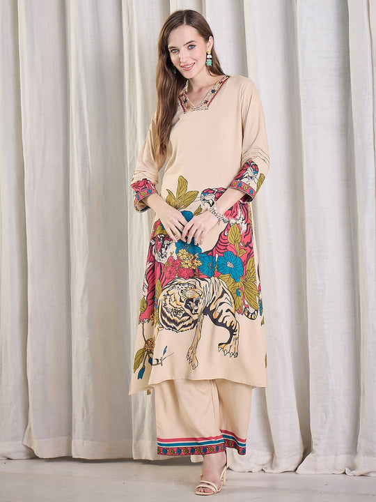 Beige Printed Viscose Rayon A-Line Kurta Palazzo Set