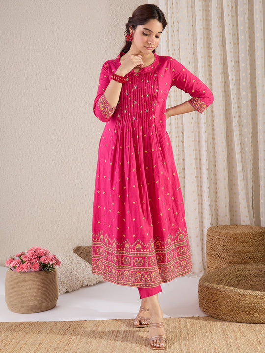 Pink Printed Pure Cotton A-Line Kurta Trouser Set