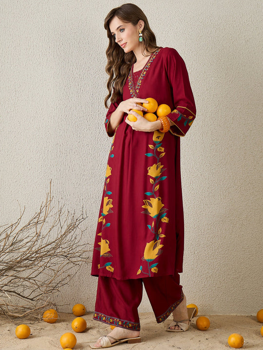 Red Printed Viscose Rayon A-Line Kurta Trousers Set