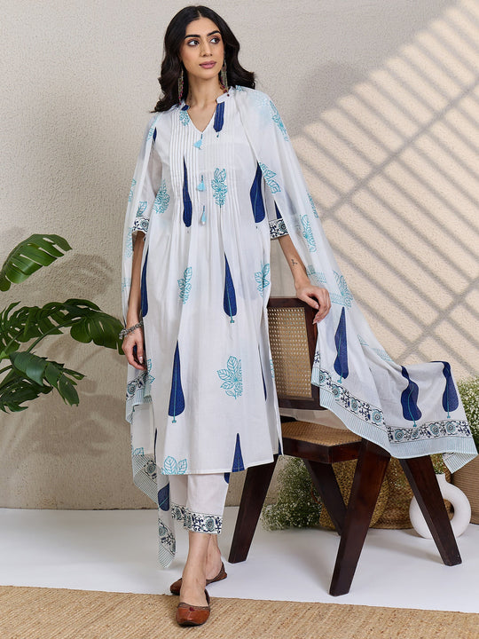 White Printed Pure Cotton A-Line Suit Sets With Dupatta