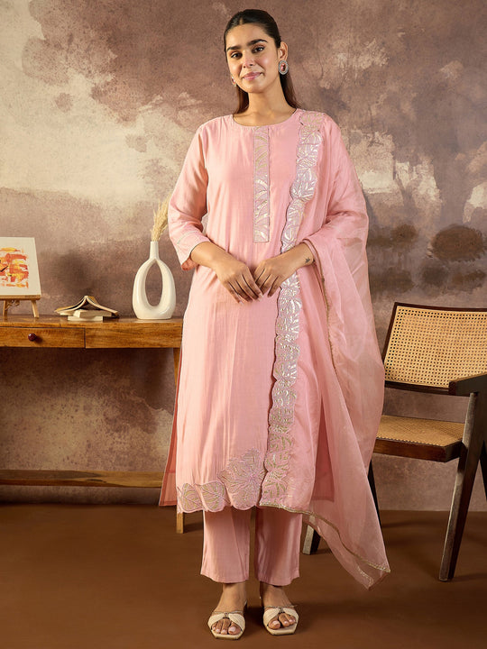Peach Embroidered Straight Silk Blend Kurta Sets With Dupatta