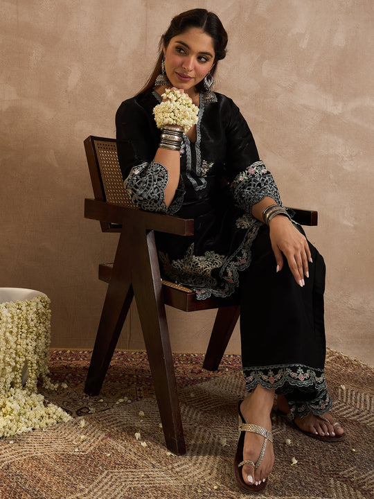 Black Embroidered Silk Blend Straight Kurta Palazzo Set