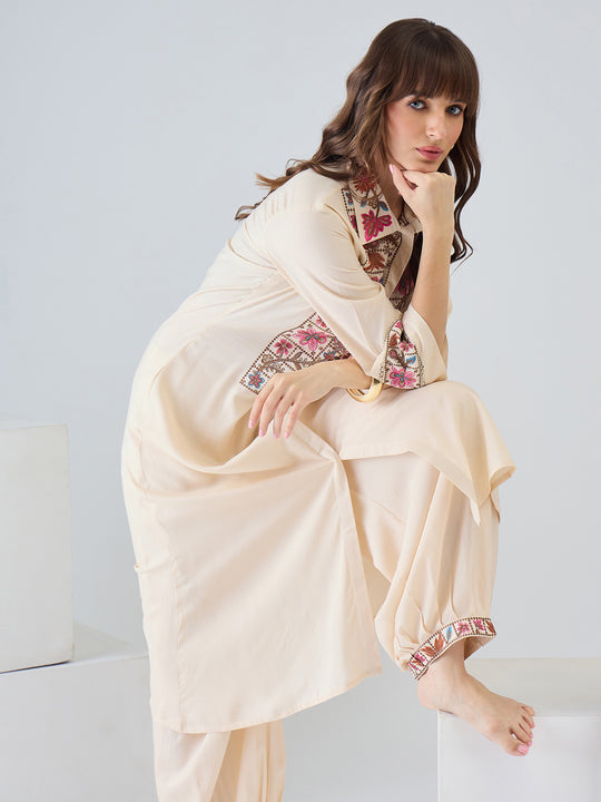 Beige Embroidered Viscose Rayon A-Line Kurta Salwar Set