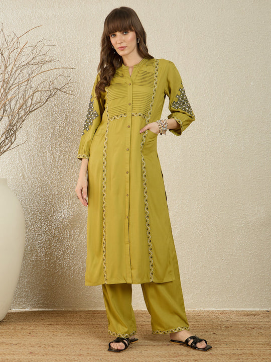 Indo Era Green Embroidered Straight Kurta Trousers Set