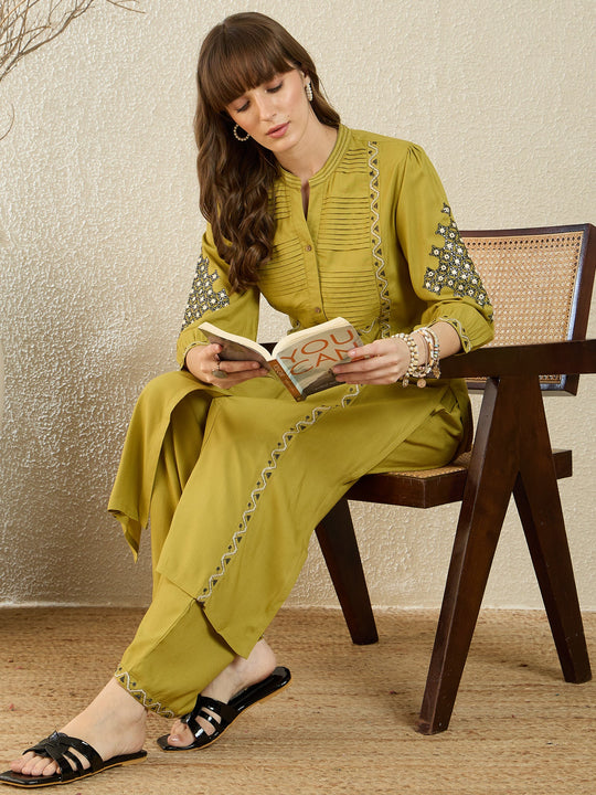 Indo Era Green Embroidered Straight Kurta Trousers Set