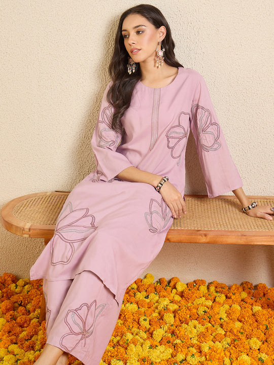 Indo Era Mauve Embroidered Straight Kurta Palazzos Set