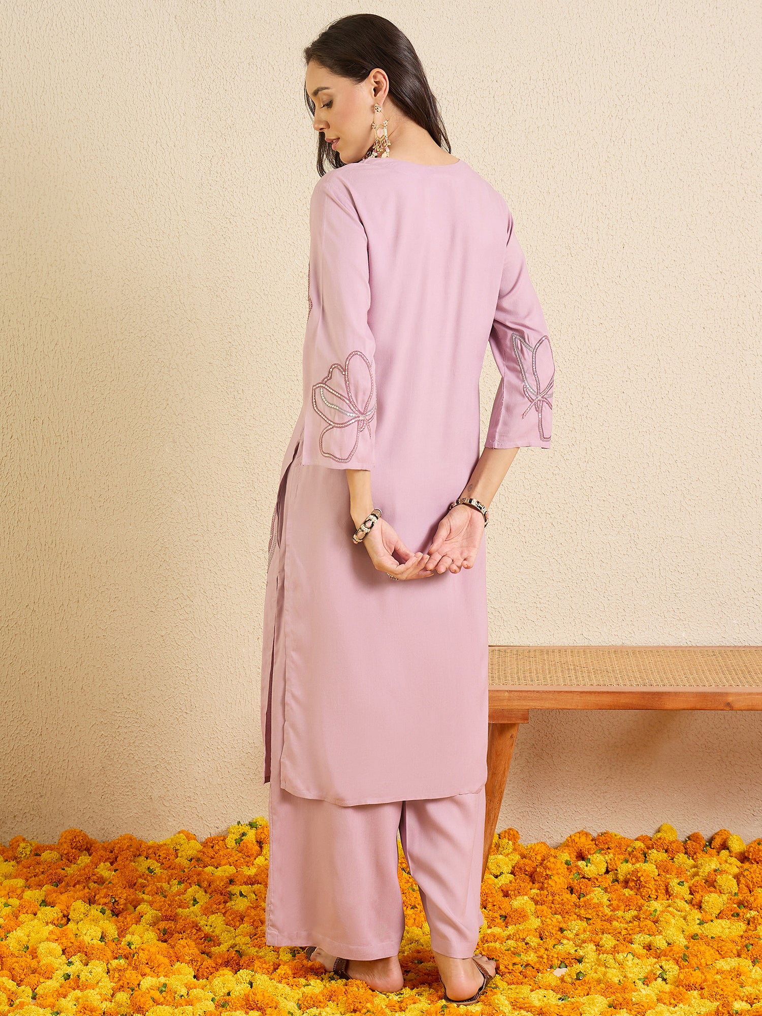 Indo Era Mauve Embroidered Straight Kurta Palazzos Set