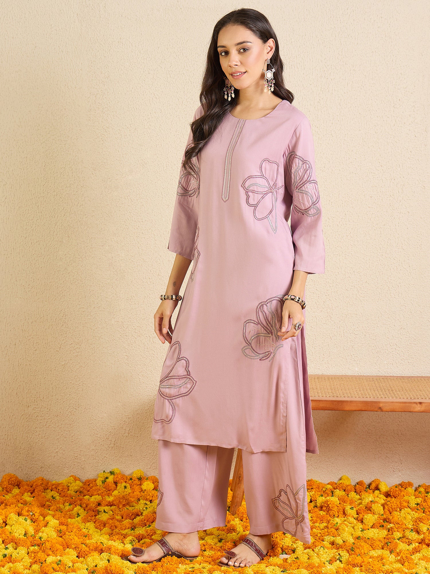 Indo Era Mauve Embroidered Straight Kurta Palazzos Set