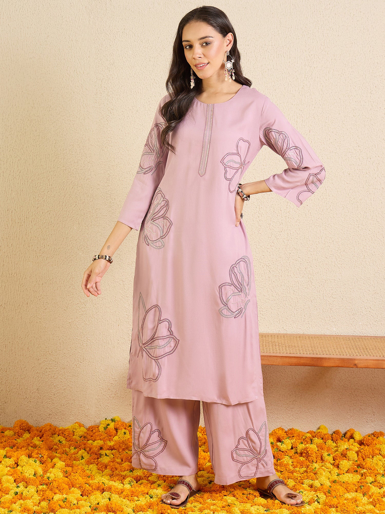 Indo Era Mauve Embroidered Straight Kurta Palazzos Set