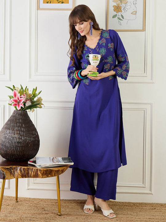 Blue Embroidered Viscose Rayon A-Line Kurta Sets
