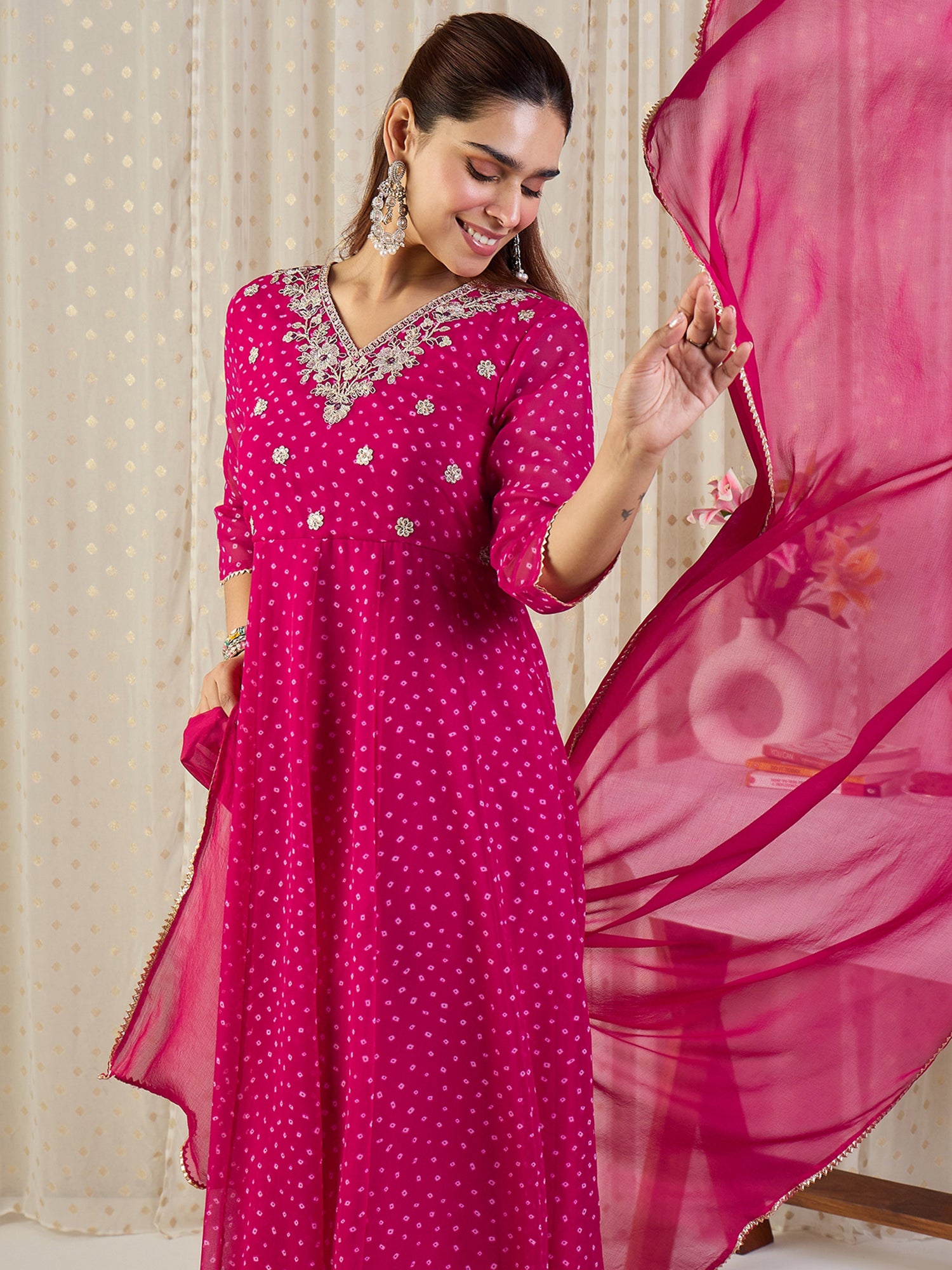 Indo Era Pink Embroidered Anarkali Kurta Trousers With Dupatta set
