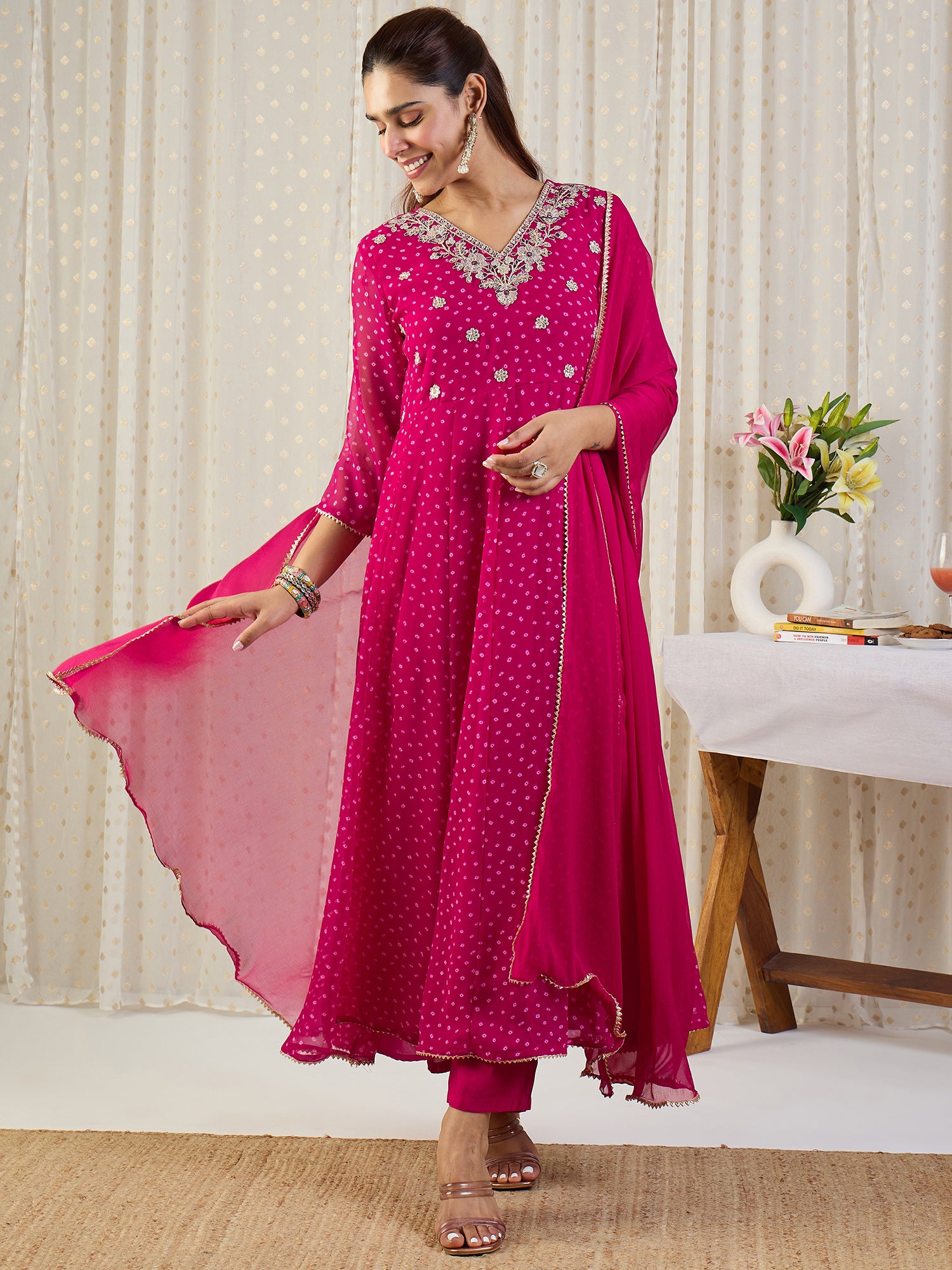 Indo Era Pink Embroidered Anarkali Kurta Trousers With Dupatta set